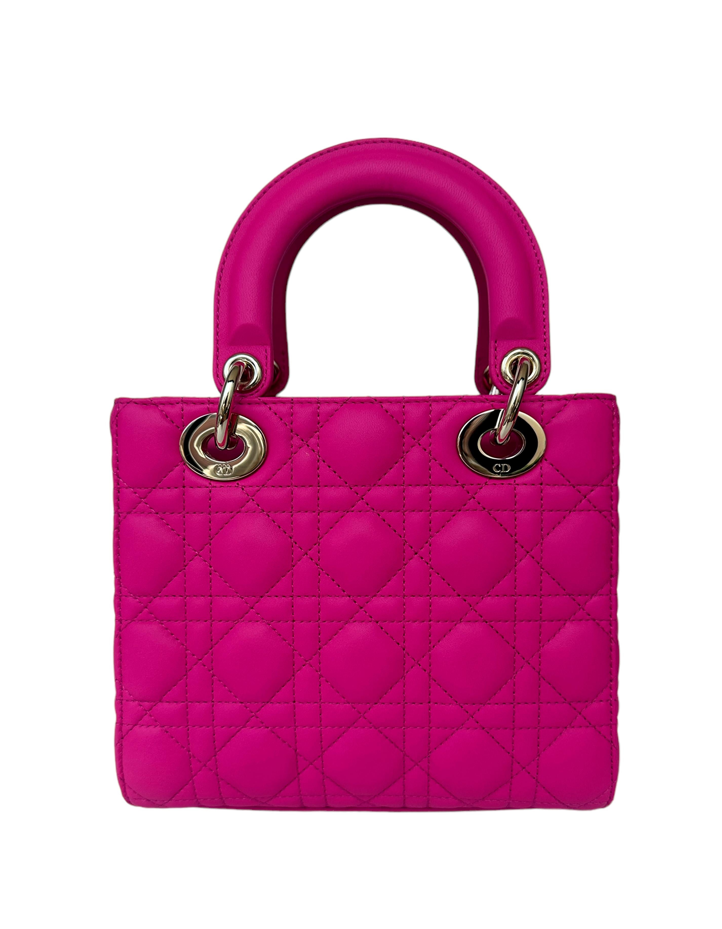 Christian Dior 2023 Rani Pink Leather Cannage Quilted My ABCDior Small Lady Dior Bag.  **Does not include badge charms**

Made In: Italy
Year of Production: 2023
Color: Rani Pink
Hardware: Pale goldtone
Materials: Lambskin Leather
Lining: Suede