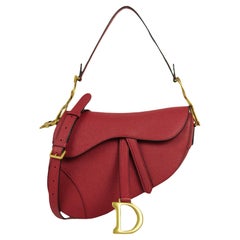 Used Christian Dior 2023 Red Calfskin Leather Saddle Bag w/ Strap