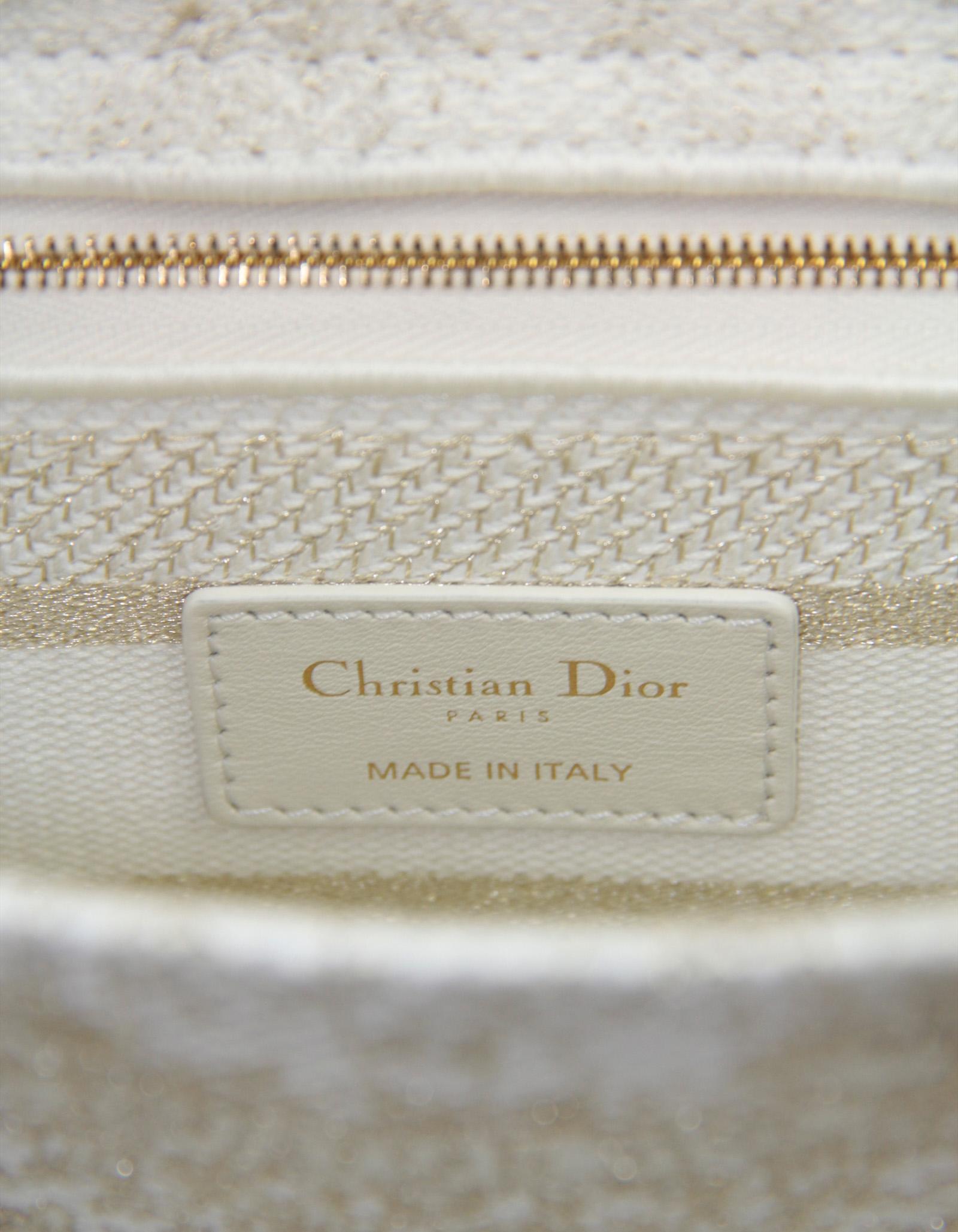 Christian Dior 2023 White/Gold Embroidered Canvas Medium Lady Dior For Sale 3