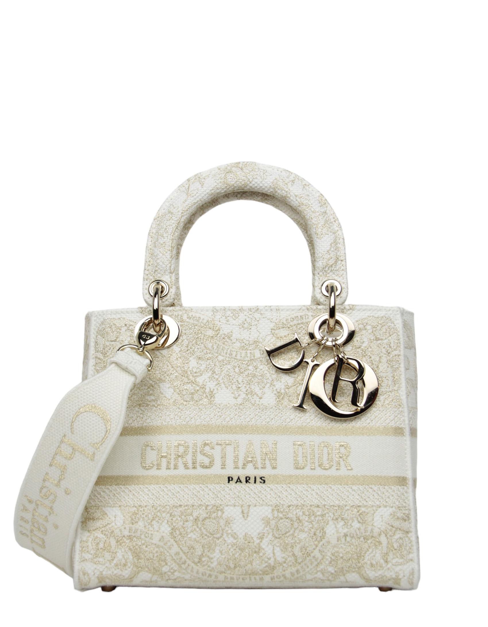 Christian Dior 2023 White/Gold Embroidered Canvas Medium Lady Dior For Sale