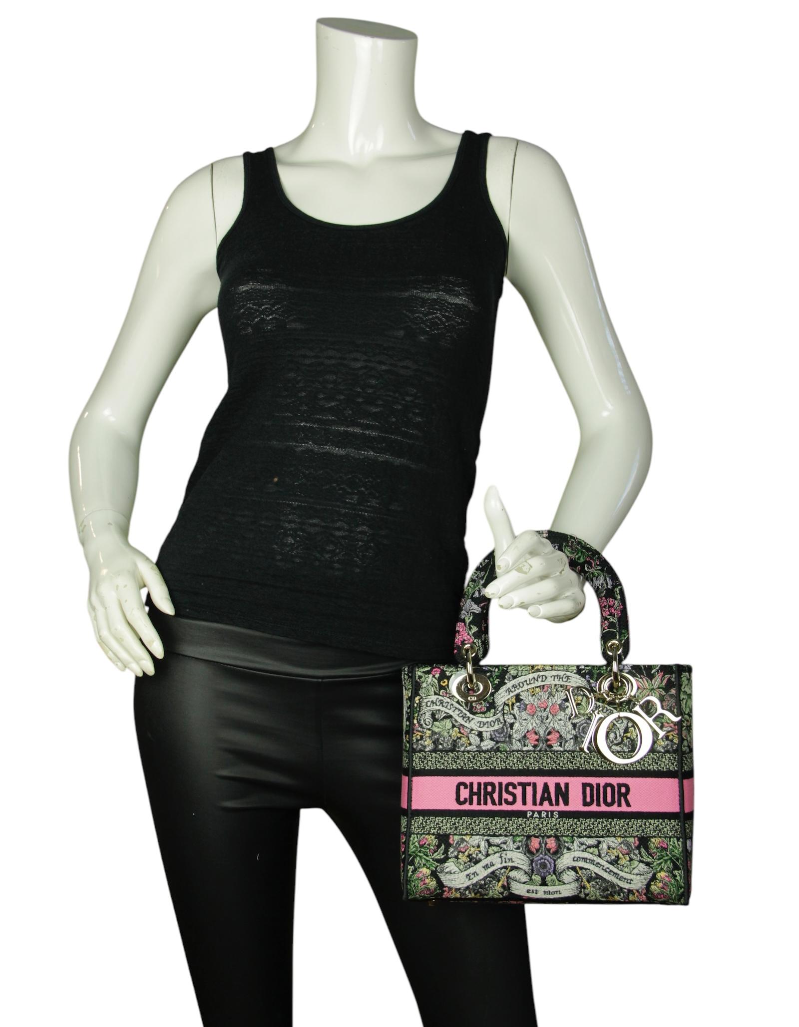 Christian Dior 2024 Floral Embroidered Canvas Medium Lady D-Lite Bag. Features Black Embroidery with Multicolor Dior Around the World Motif by Pietro Ruffo, showcasing a star decorated with flowers in honor of Scottish heritage, the collection's