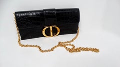 Christian Dior 30 Montaigne Black Crocodile Clutch With Gold-Tone Chain