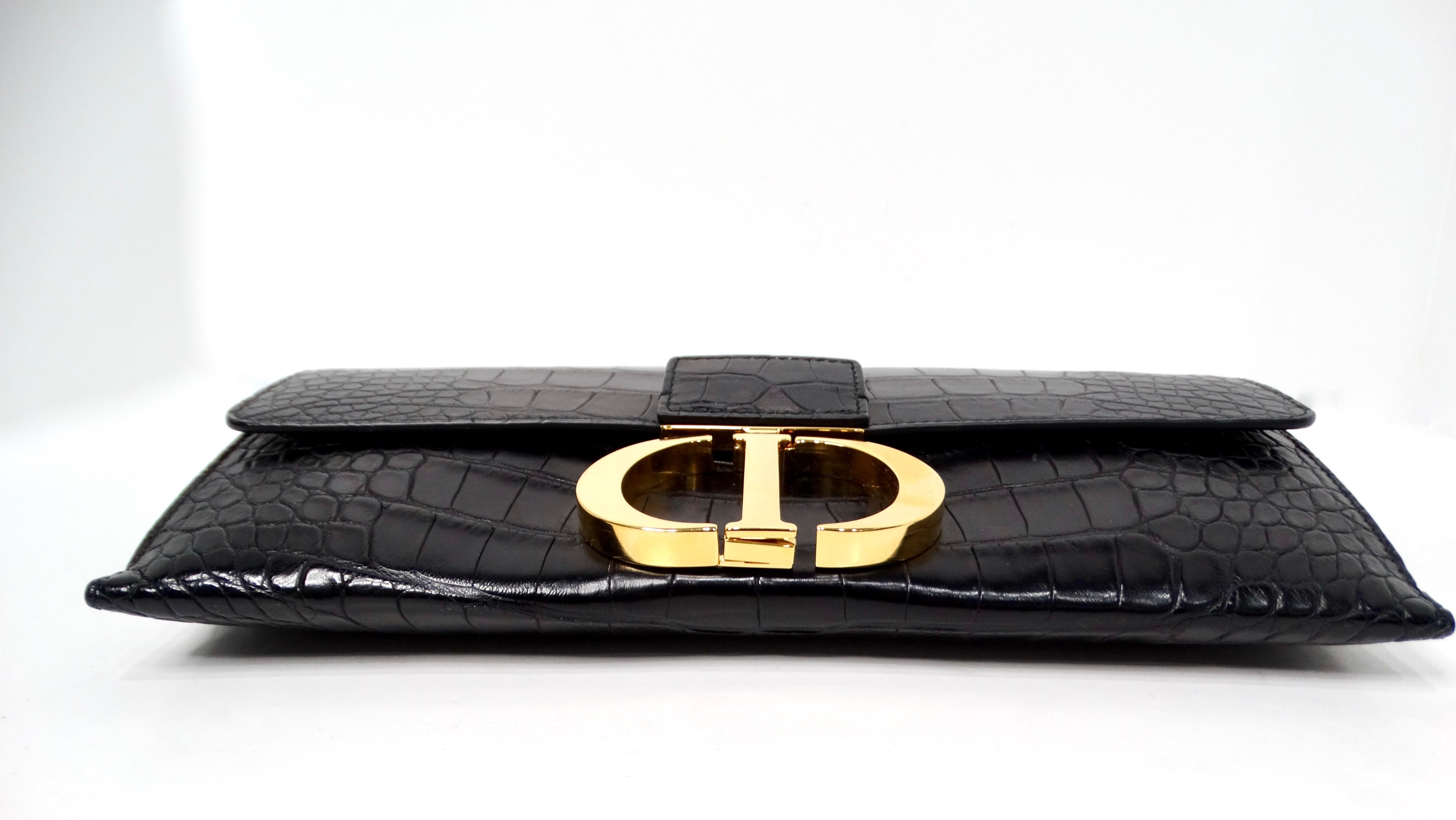 Noir Christian Dior 30 Montaigne Pochette en crocodile noir avec chaîne en or en vente