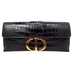 Christian Dior 30 Montaigne Black Crocodile Clutch With Gold-Tone Chain
