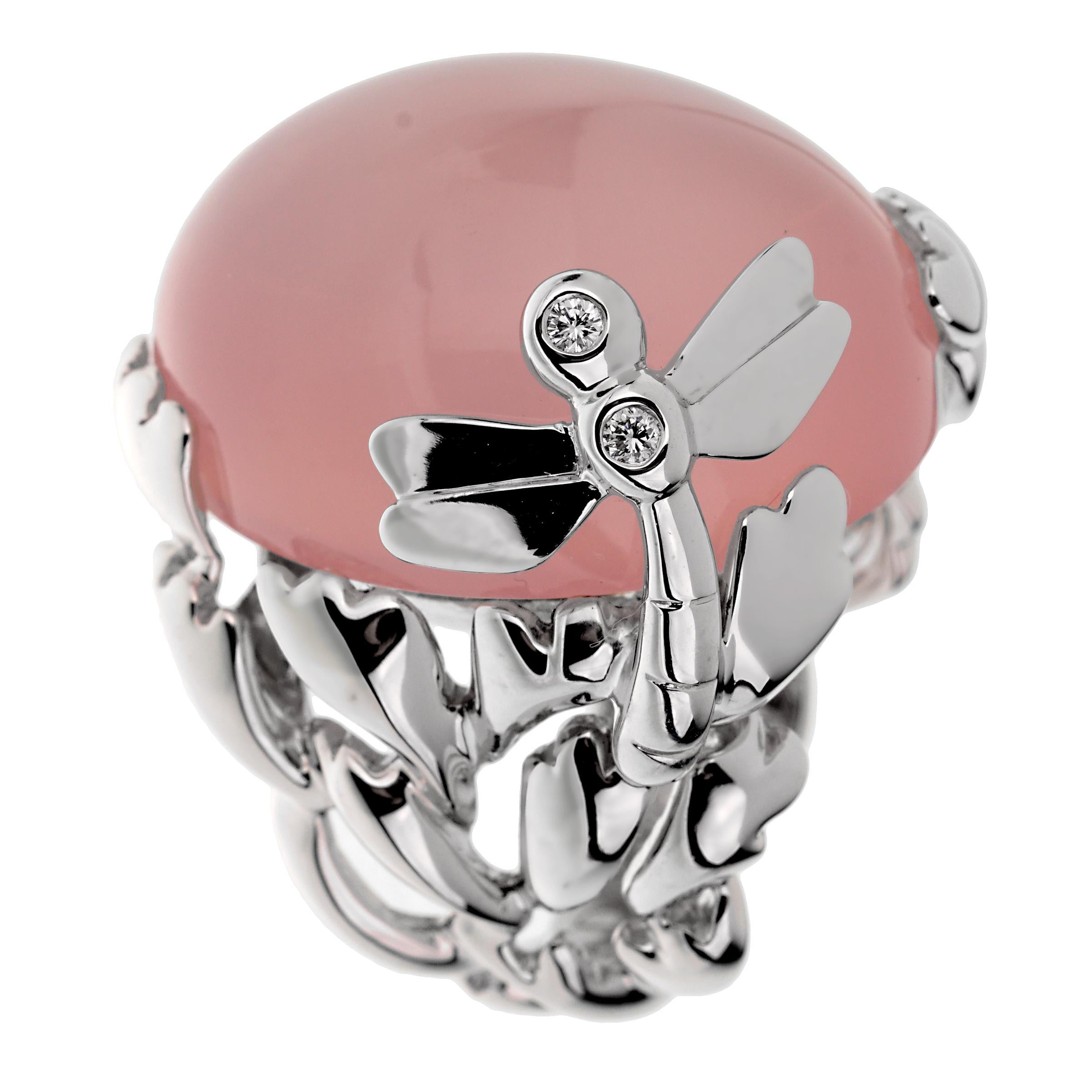 A showstopping Christian Dior cocktail ring boasting a 50ct pink quartz frame with a dragonfly adorned with 2 of the finest round brilliant cut diamonds in 18k white gold. The ring measures a size 51 european

Dior Retail Price: $11,100
Sku: 2772