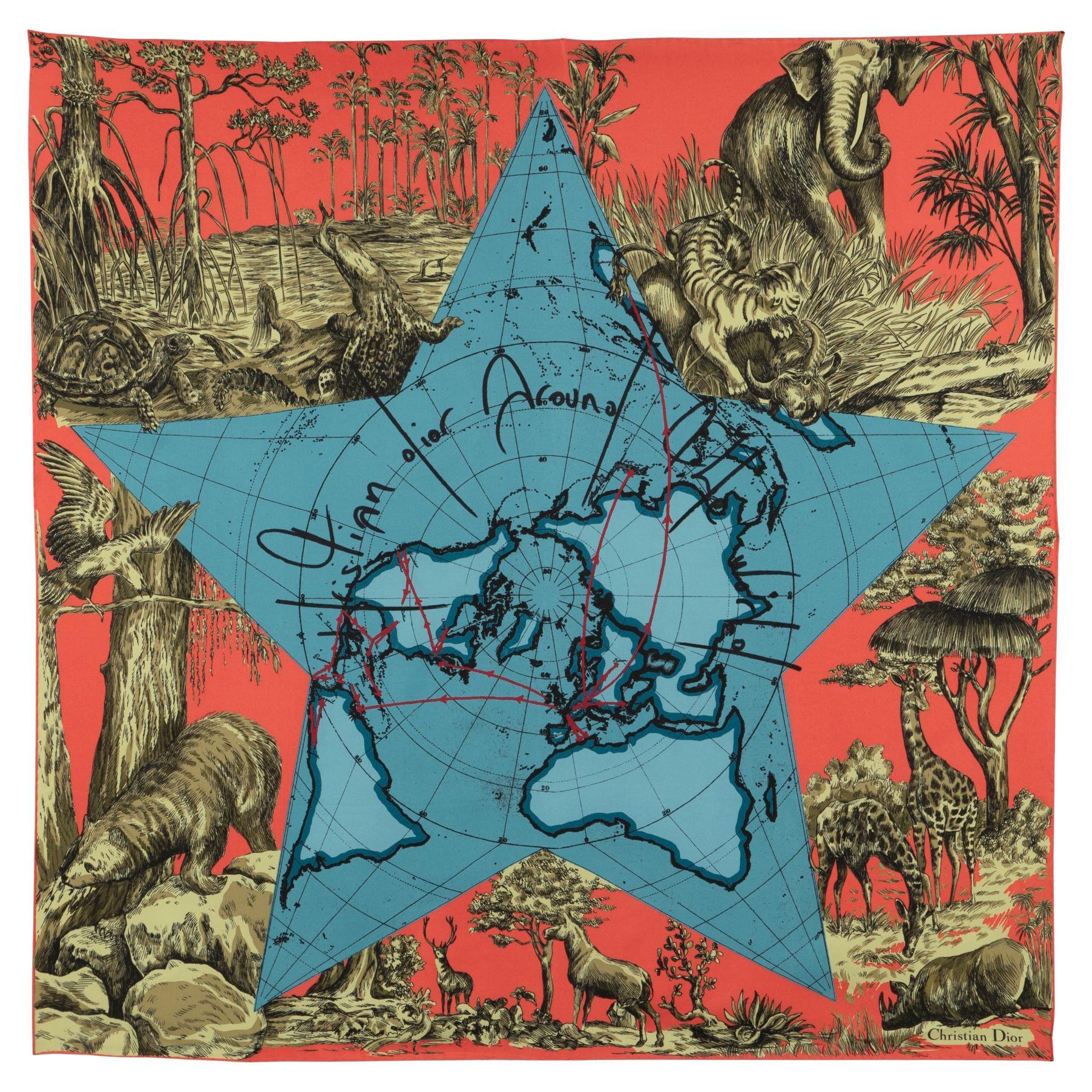 Christian Dior 90cm Around The World Blue Silk Scarf For Sale