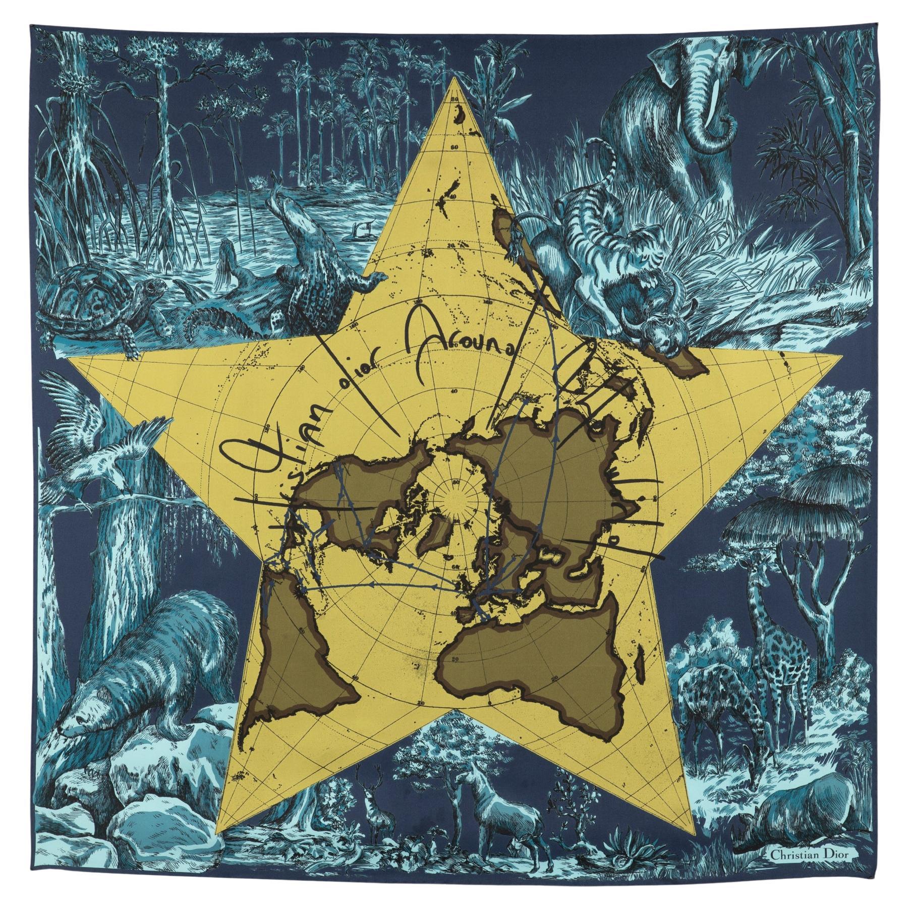 Christian Dior 90cm Around The World Green Silk Scarf For Sale