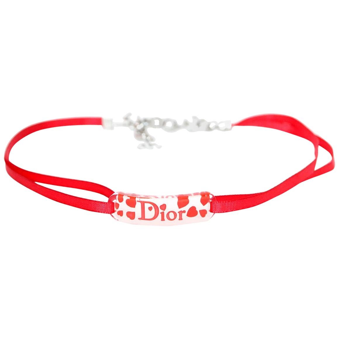 Christian Dior Acrylic Logo Heart Red Ribbon Choker Necklace 