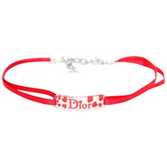 Christian Dior Acrylic Logo Heart Red Ribbon Choker Necklace 