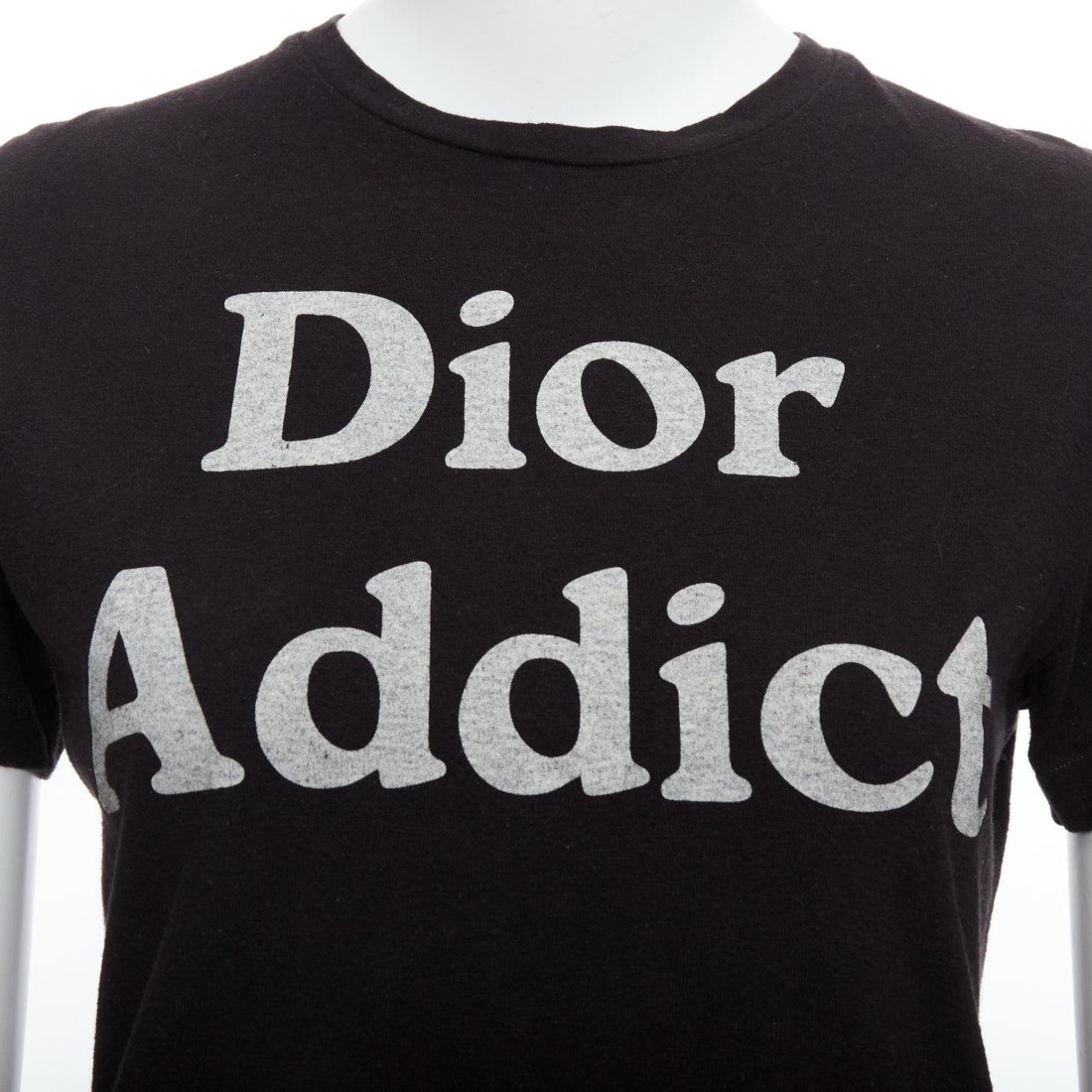 CHRISTIAN DIOR Addict black cotton linen grey speckle logo print tshirt XS For Sale 2