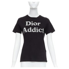 CHRISTIAN DIOR Addict black cotton linen grey speckle logo print tshirt XS