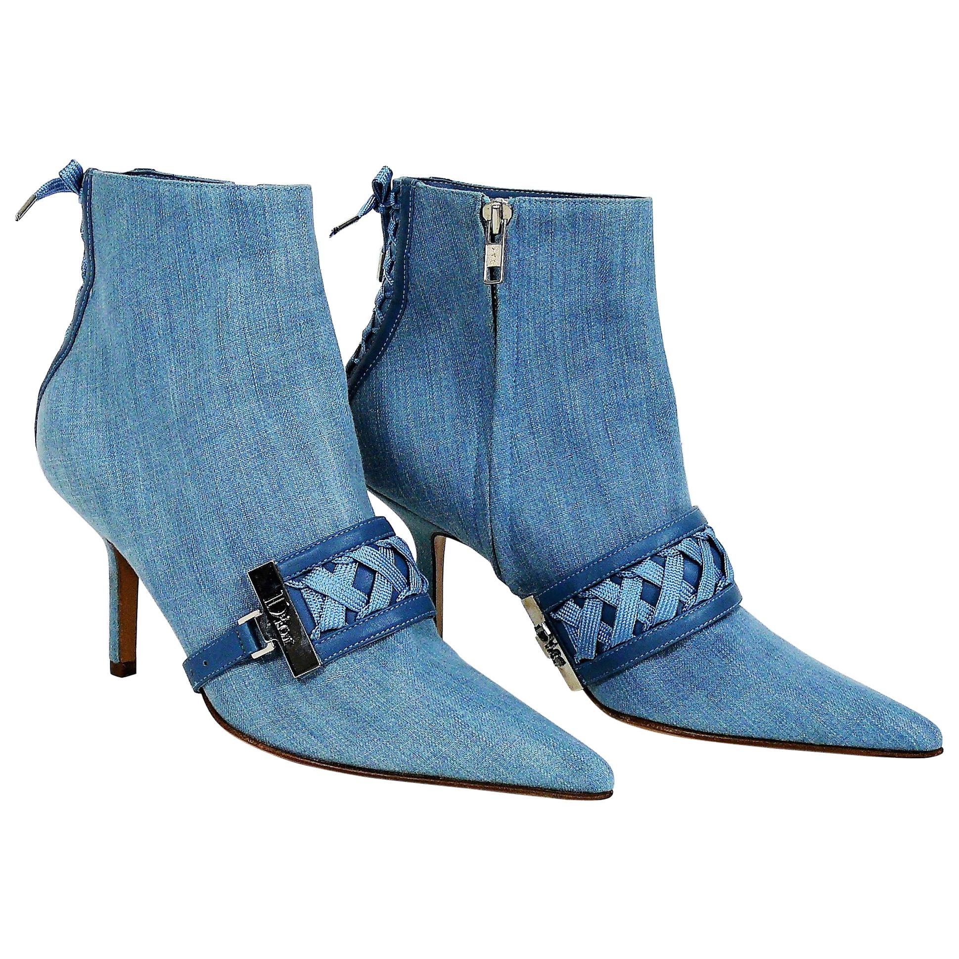 Christian Dior Admit It Light Denim Corset Ankle Boots Size 37 1/2 C