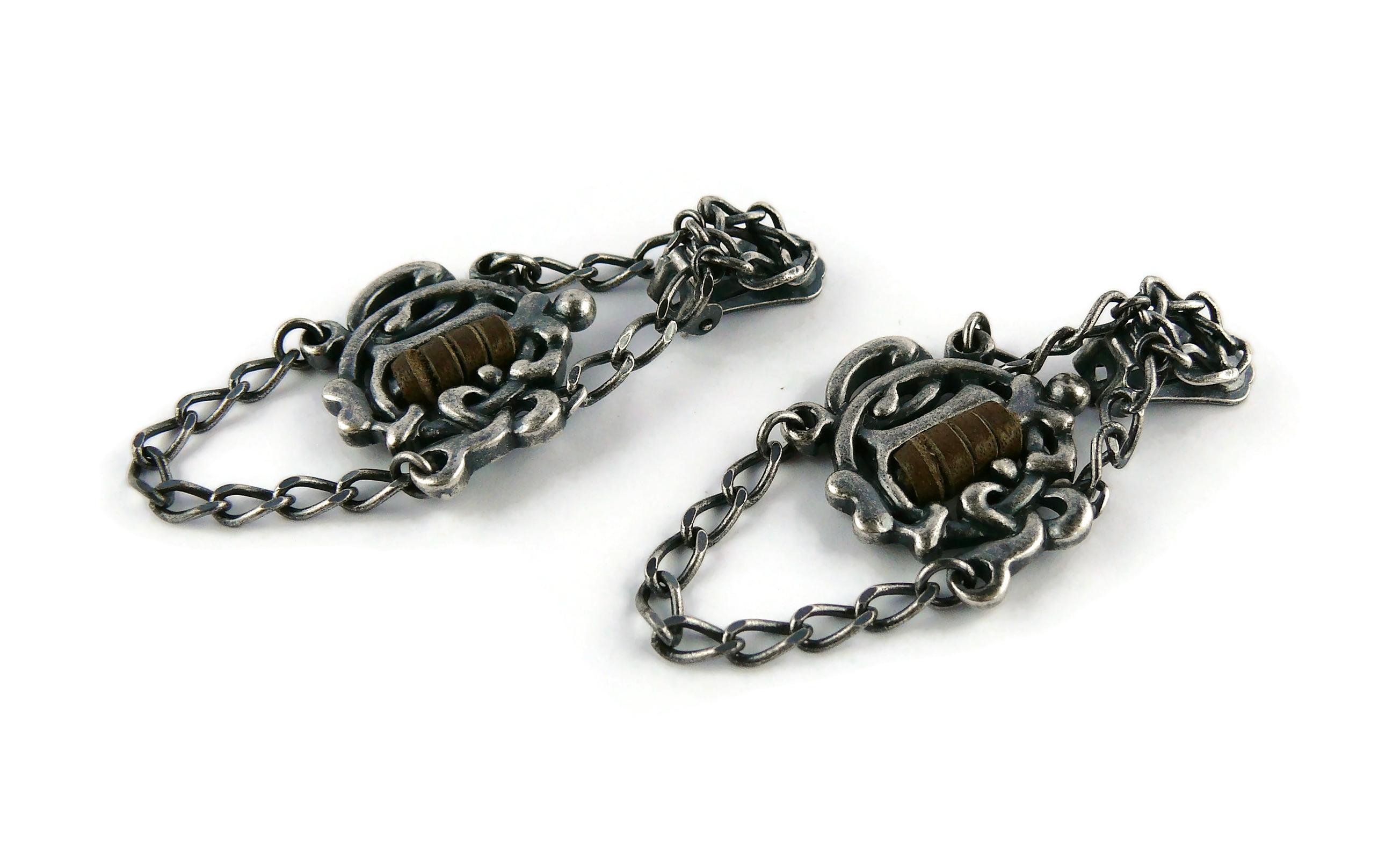 Christian Dior Antiqued Silver Toned Logo Leather Dangling Earrings In Good Condition For Sale In Nice, FR