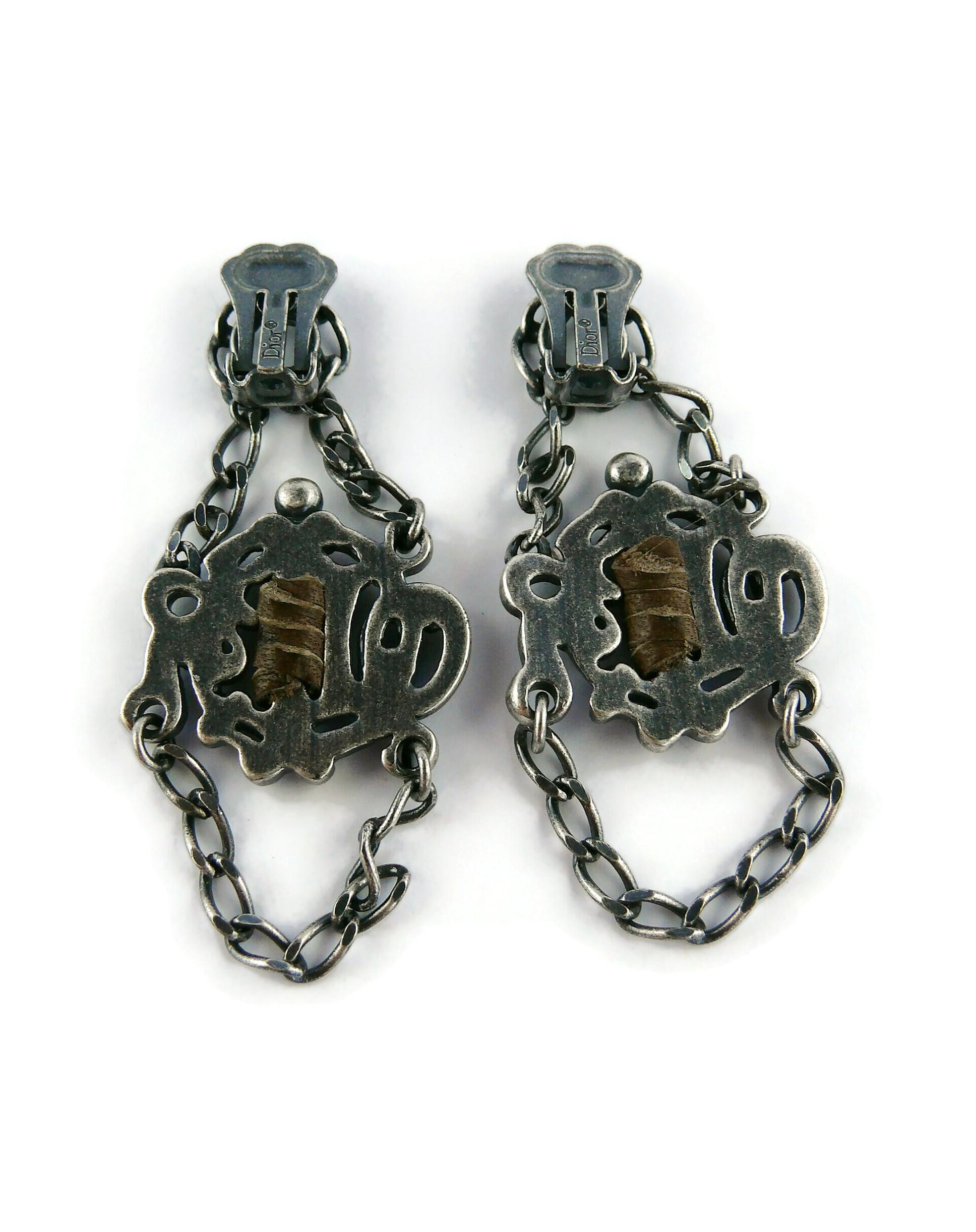 Christian Dior Antiqued Silver Toned Logo Leather Dangling Earrings For Sale 1