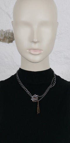 Christian Dior Antiqued Silver Toned Logo Leather Necklace