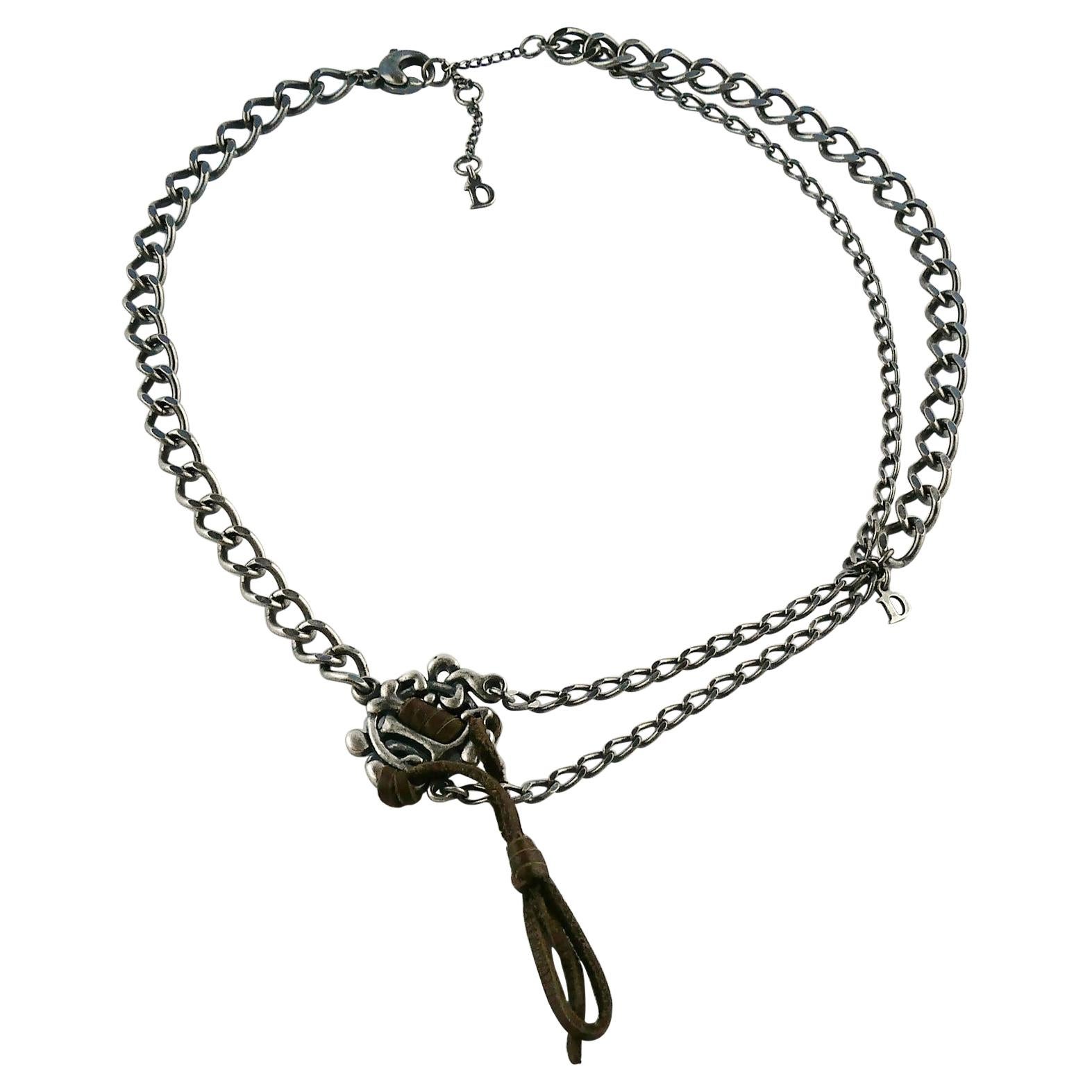 Christian Dior Antiqued Silver Toned Logo Leather Necklace For Sale