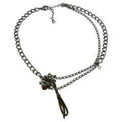 Christian Dior Antiqued Silver Toned Logo Leather Necklace