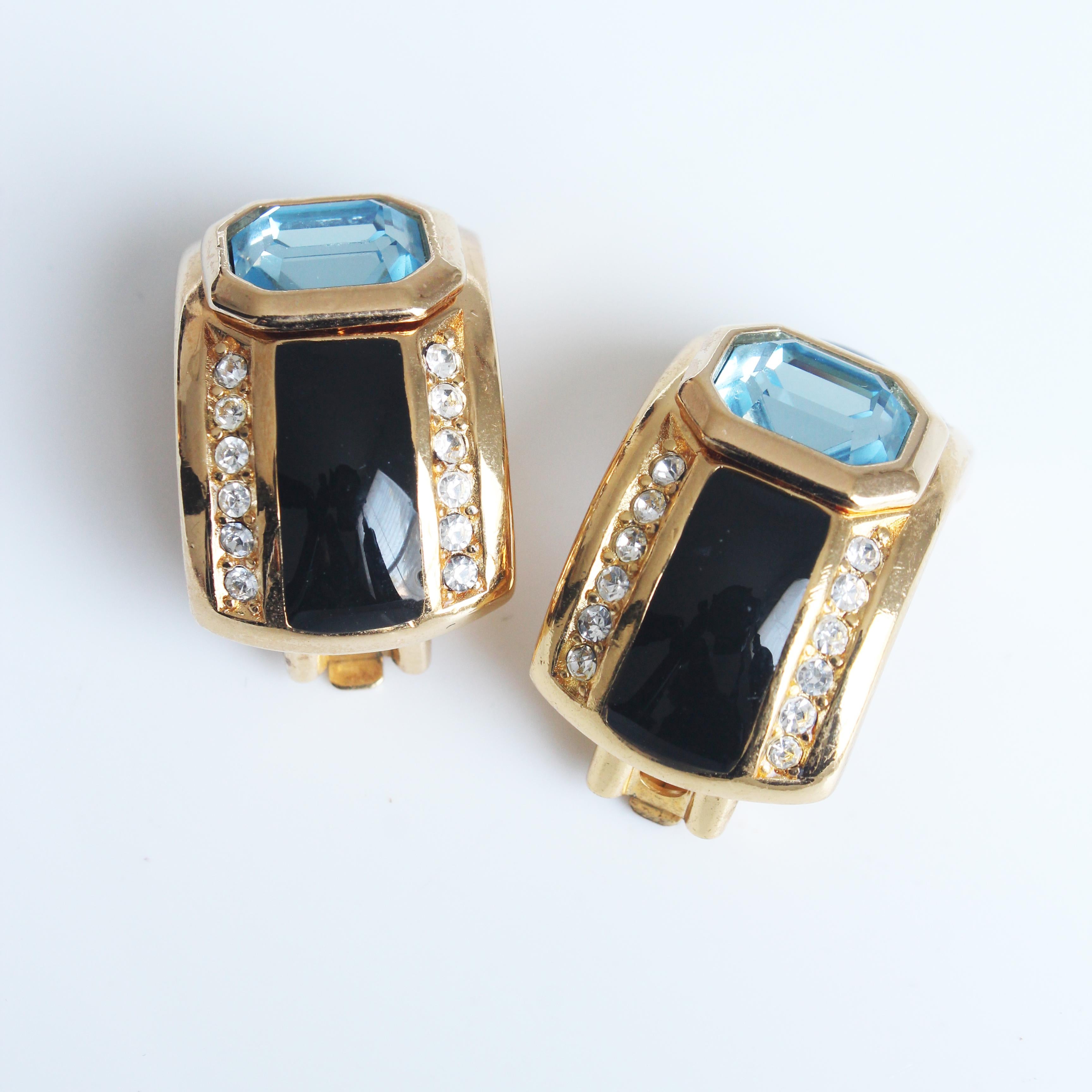 Christian Dior Art Deco Earrings with Faux Sapphire Topaz Crystals 1980s For Sale 6