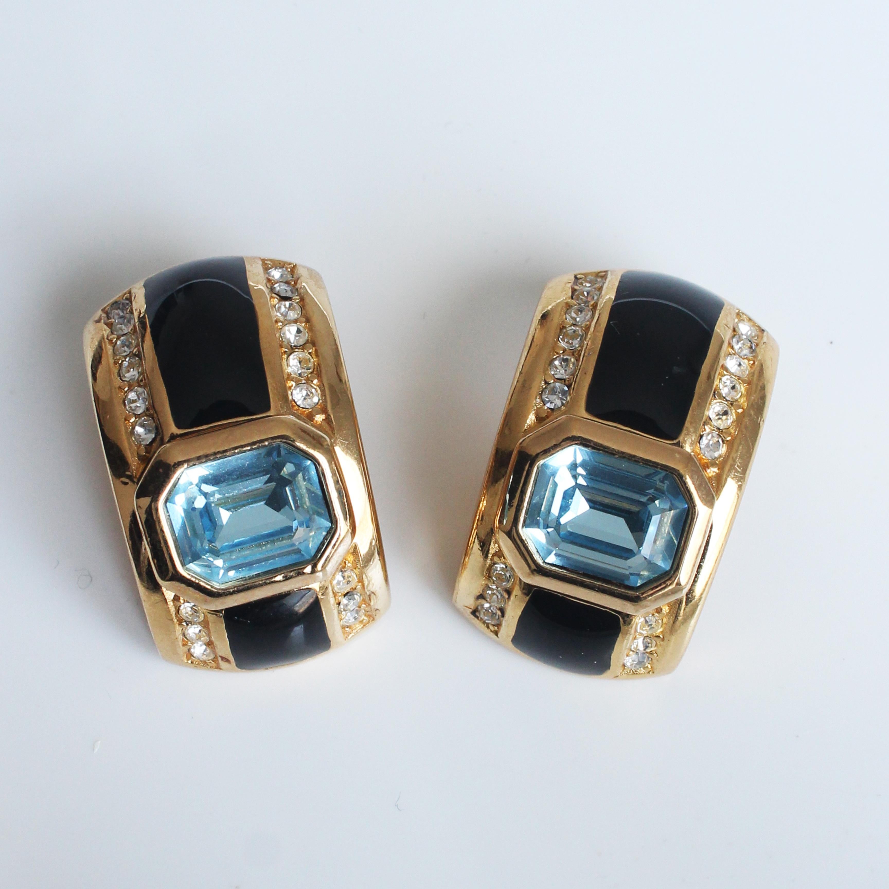 Christian Dior Art Deco Earrings with Faux Sapphire Topaz Crystals 1980s For Sale 3