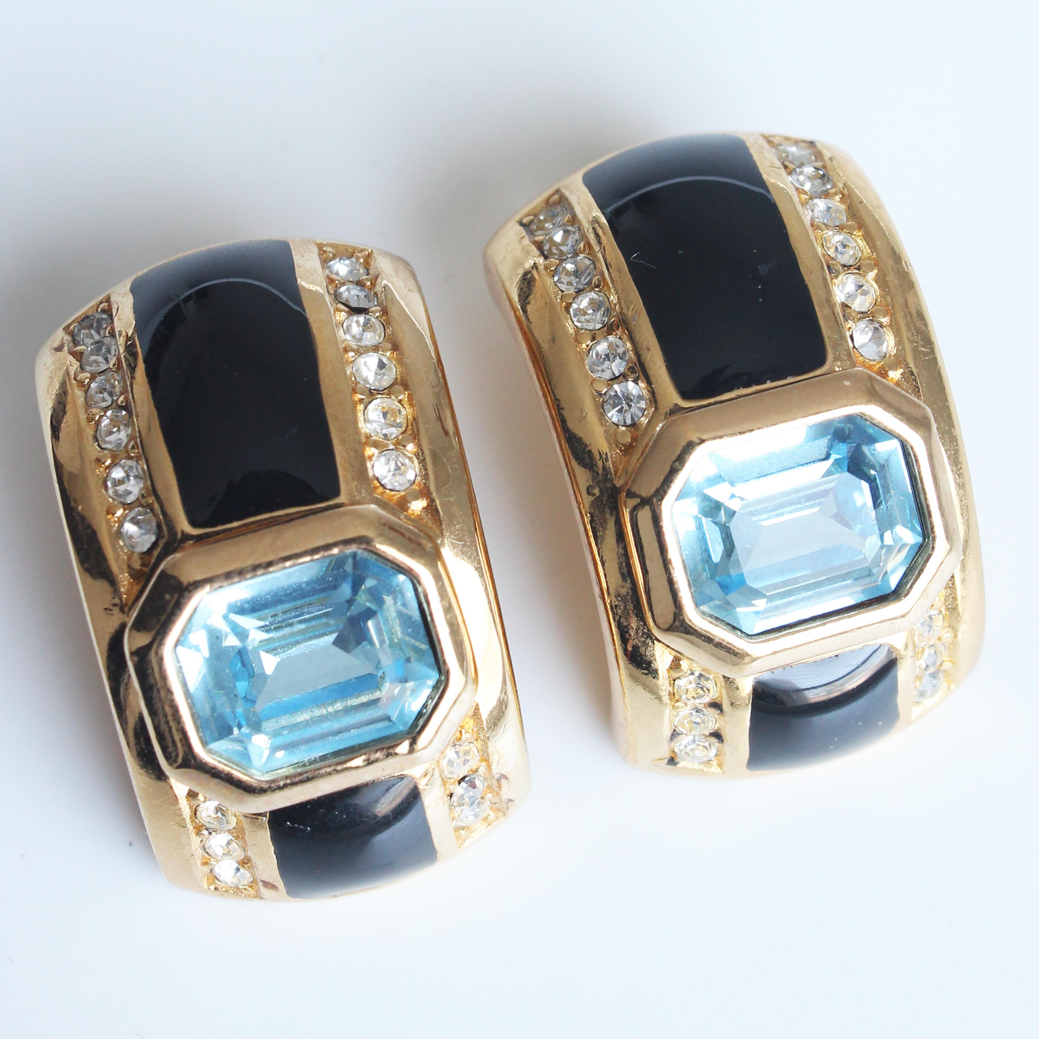 Christian Dior Art Deco Earrings with Faux Sapphire Topaz Crystals 1980s For Sale 4