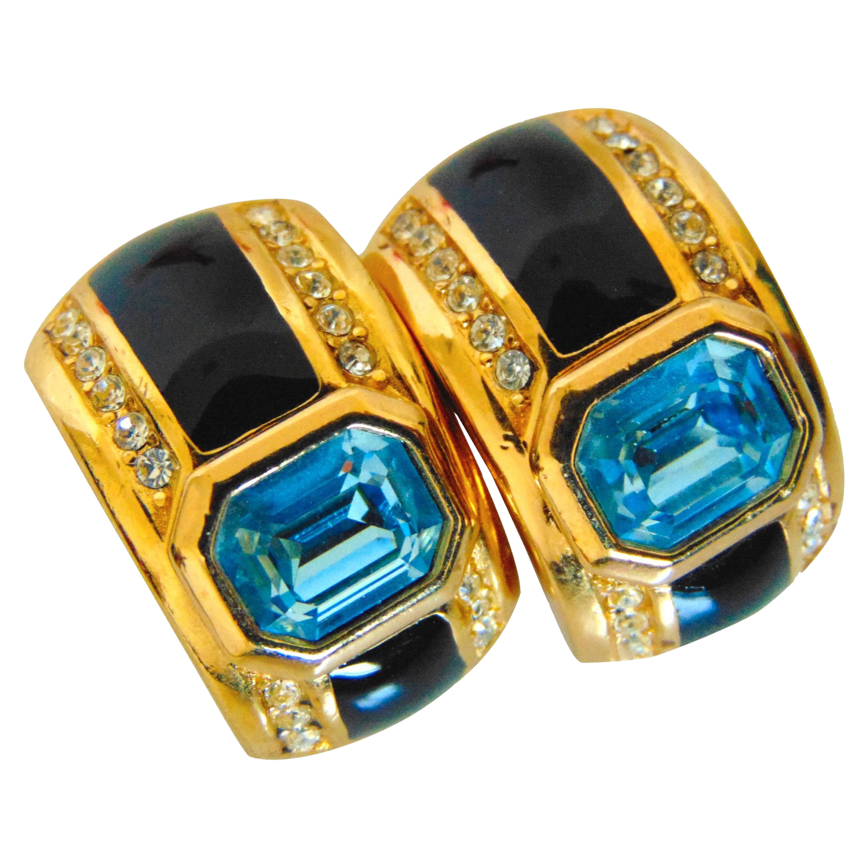 Christian Dior Art Deco Earrings with Faux Sapphire Topaz Crystals 1980s