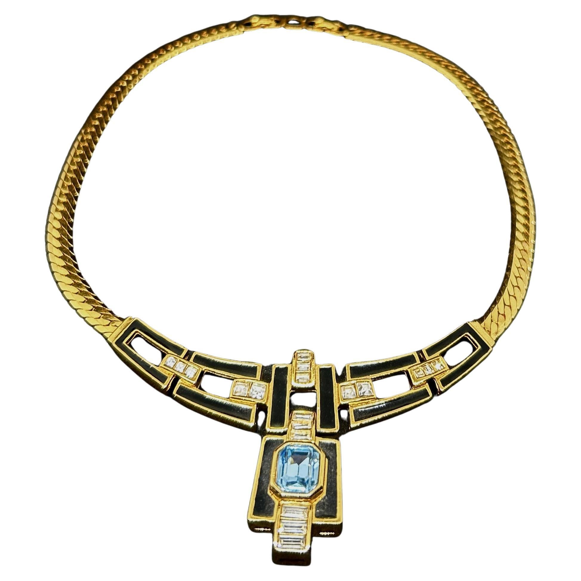 A Christian Dior Art Deco Necklace with Blue Gemstone and Rhinestone For Sale