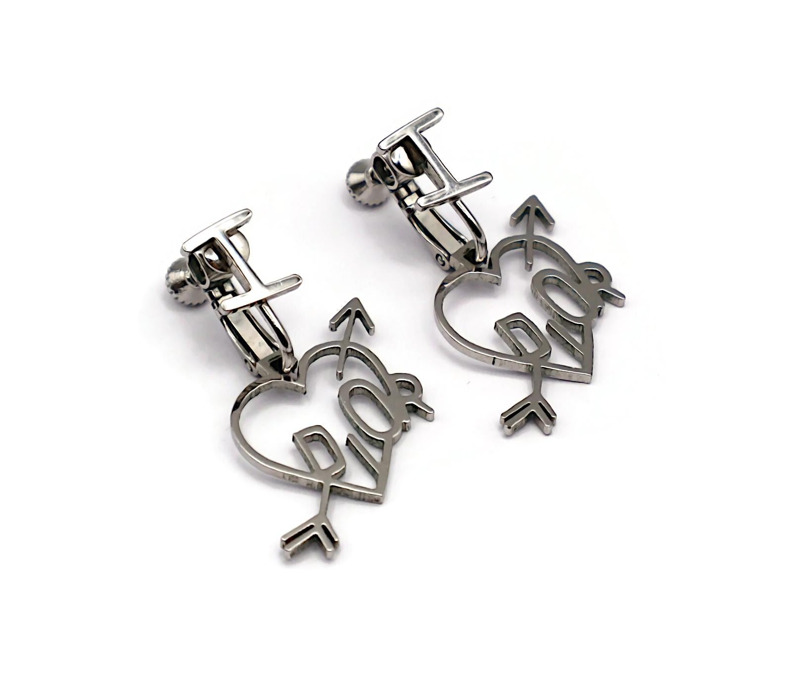 CHRISTIAN DIOR (Attributed To) Vintage Silver Tone I LOVE DIOR Dangle Earrings In Good Condition For Sale In Nice, FR