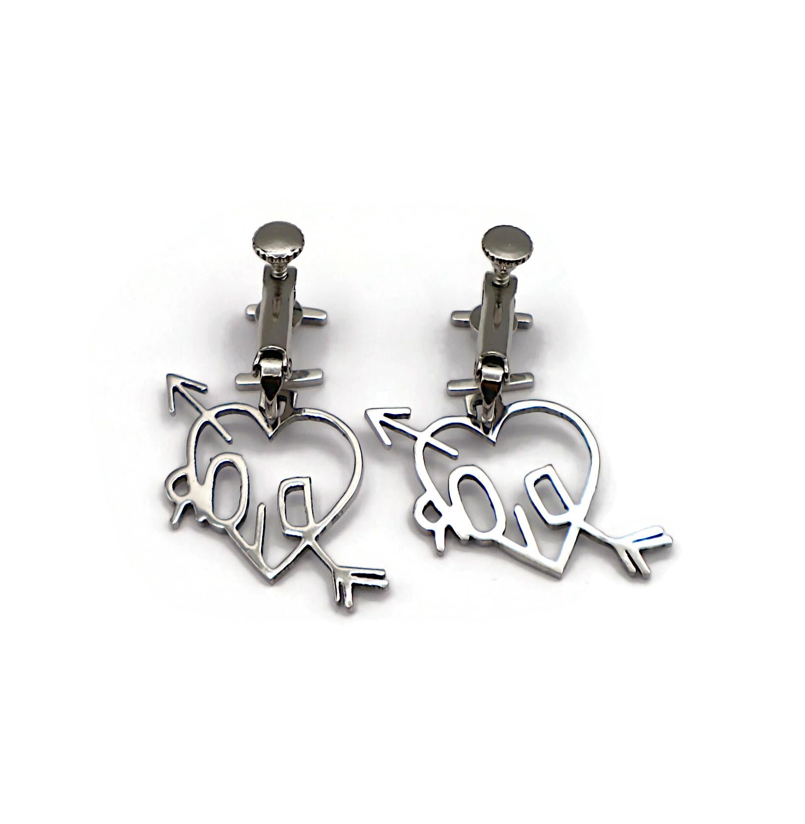 CHRISTIAN DIOR (Attributed To) Vintage Silver Tone I LOVE DIOR Dangle Earrings For Sale 2