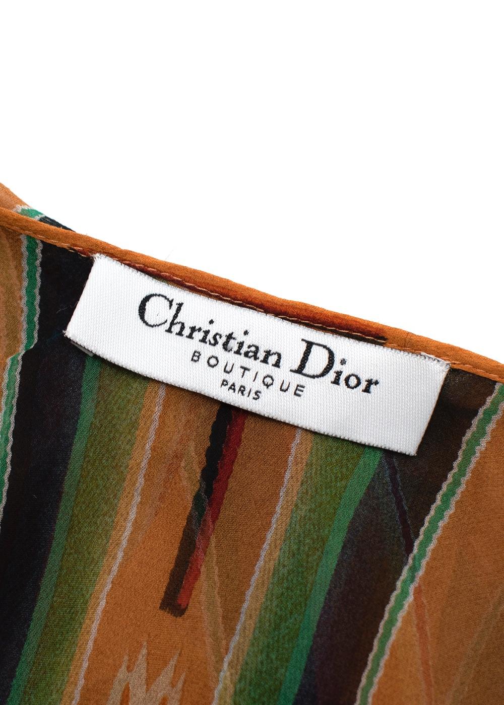 Brown Christian Dior Aztec Print Ruffled Chiffon Wrap Blouse - Size US2
