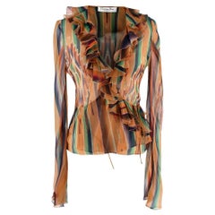 Christian Dior Aztec Print Ruffled Chiffon Wrap Blouse - Size US2