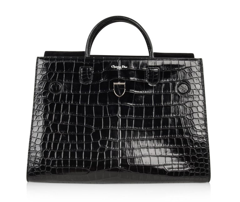 Christian Dior Bag Diorever Matte Black Crocodile Tote Shoulder Strap Mint For Sale at 1stdibs
