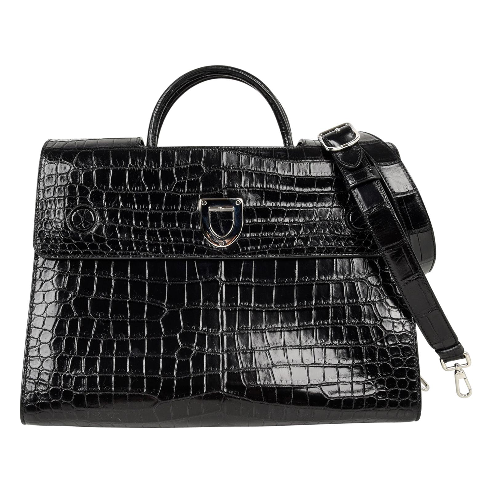 Christian Dior Bag Diorever Matte Black Crocodile Tote Shoulder Strap Mint