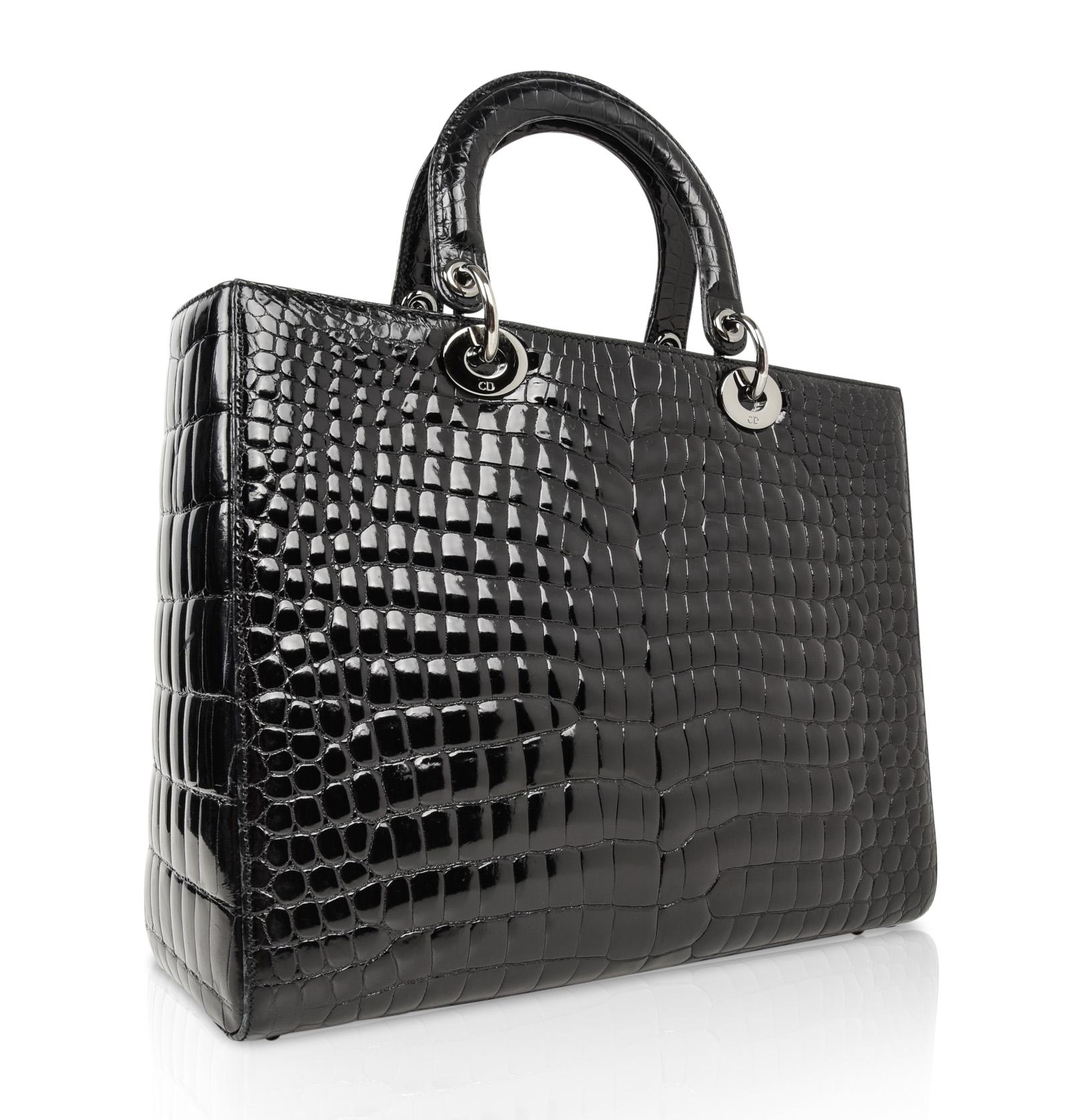 Christian Dior Bag Lady Dior Black Crocodile Large Ruthenium Hardware In Excellent Condition In Miami, FL