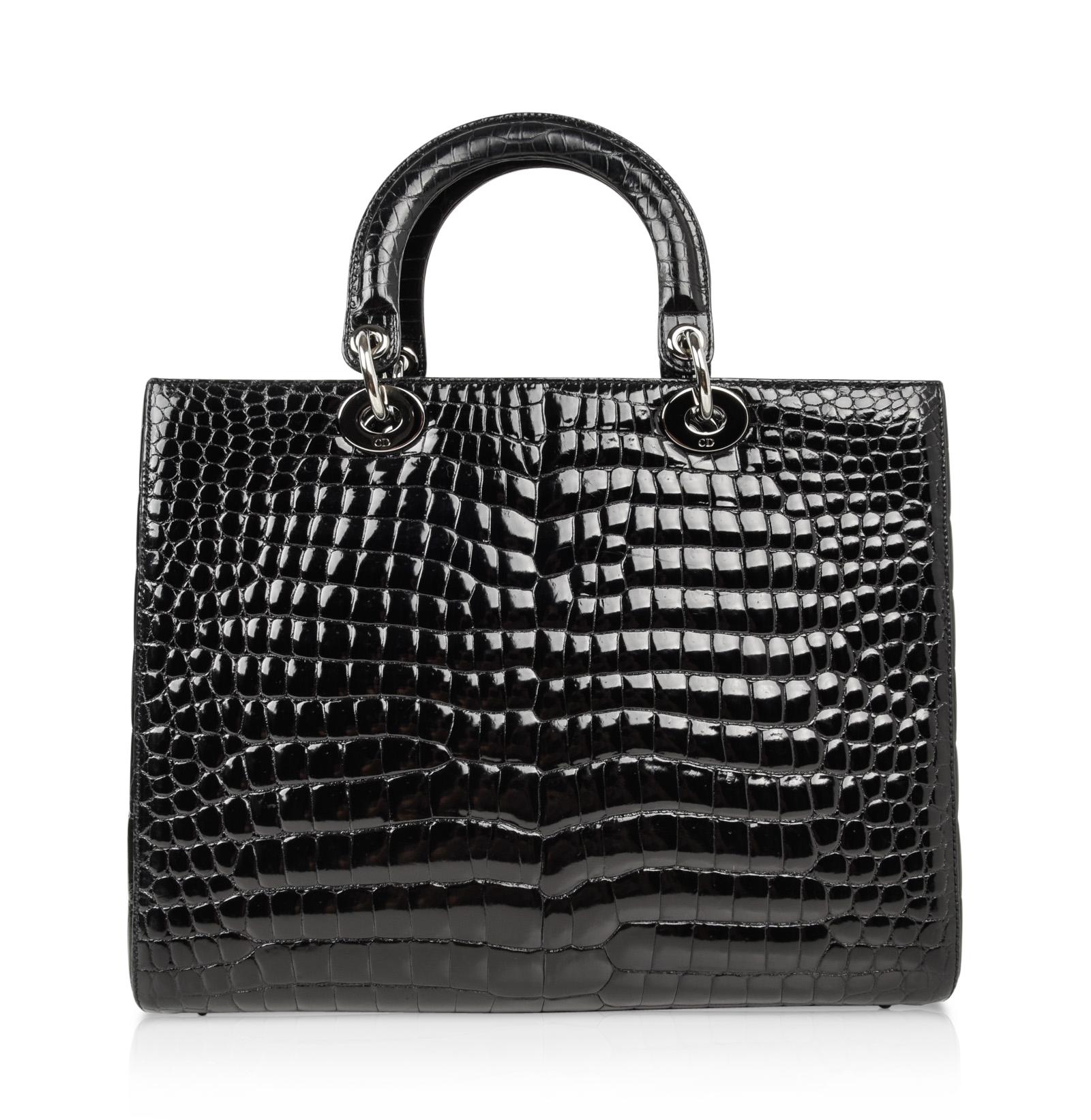 Women's Christian Dior Bag Lady Dior Black Crocodile Large Ruthenium Hardware