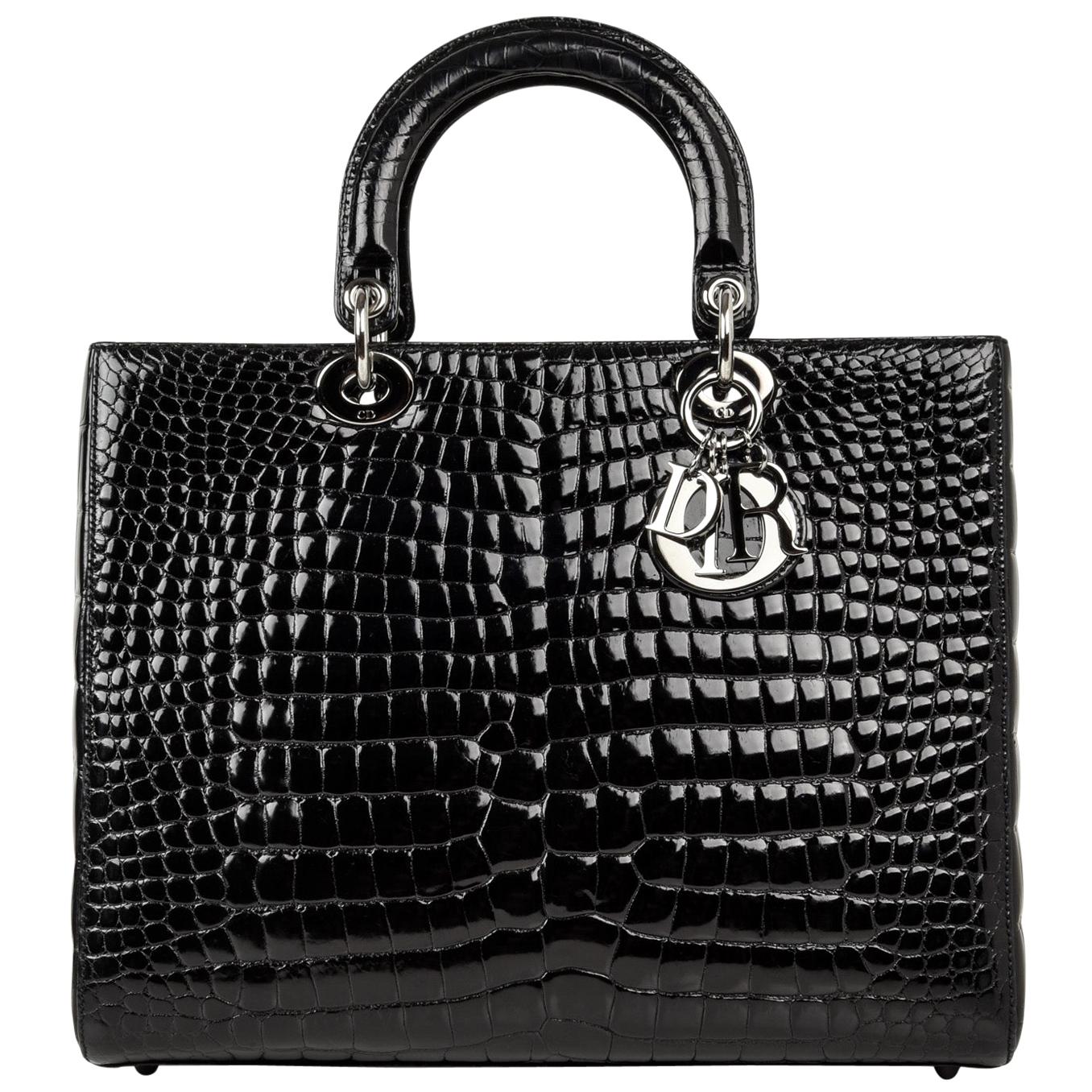 Christian Dior Bag Lady Dior Black Crocodile Large Ruthenium