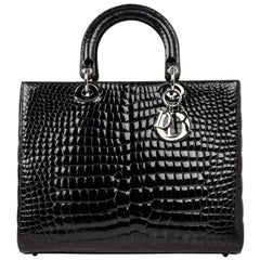 Christian Dior Sac Lady Dior Noir Crocodile Grand Ruthénium Hardware