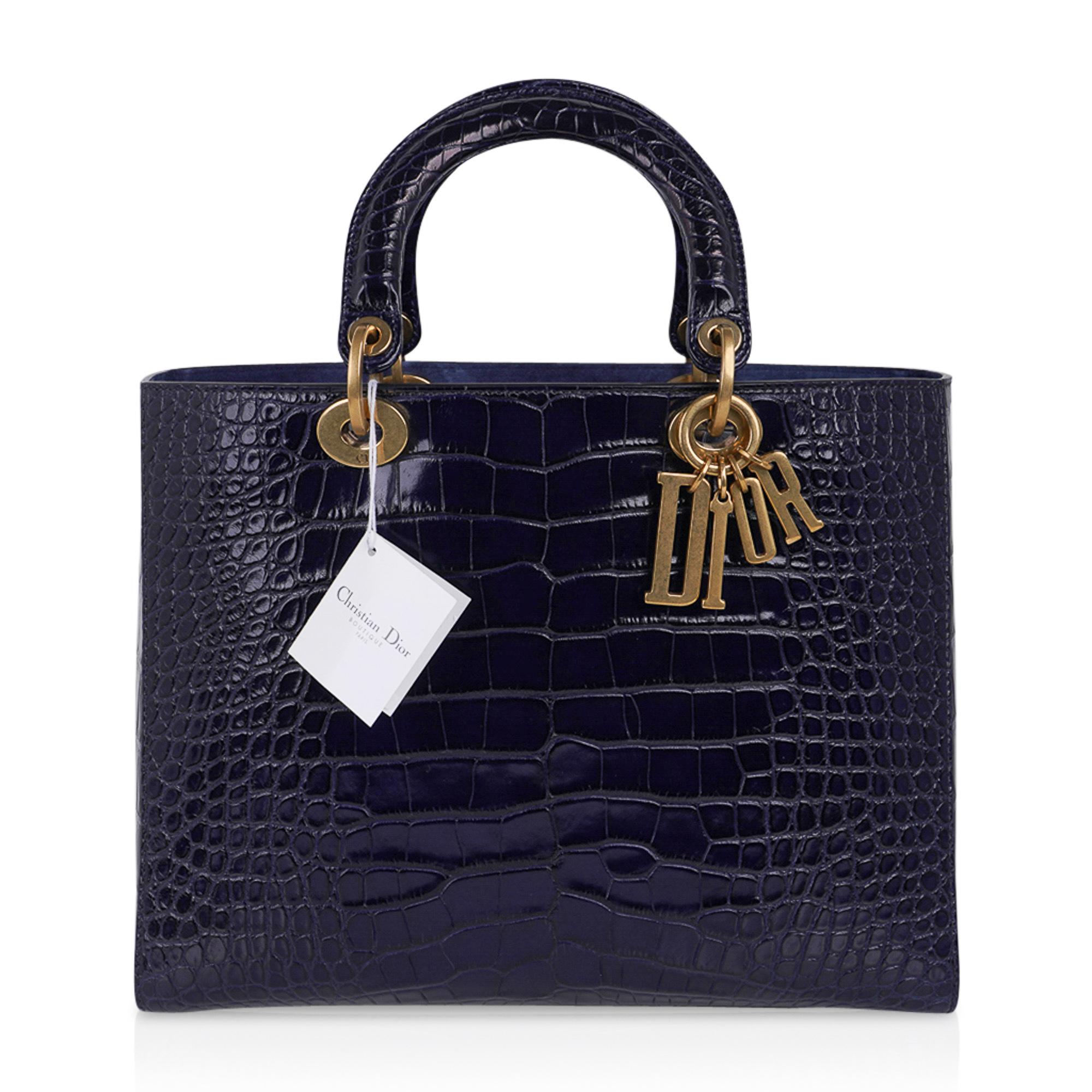 Black Christian Dior Bag Lady Dior Large Navy Matte Navy Alligator New w/Tag For Sale