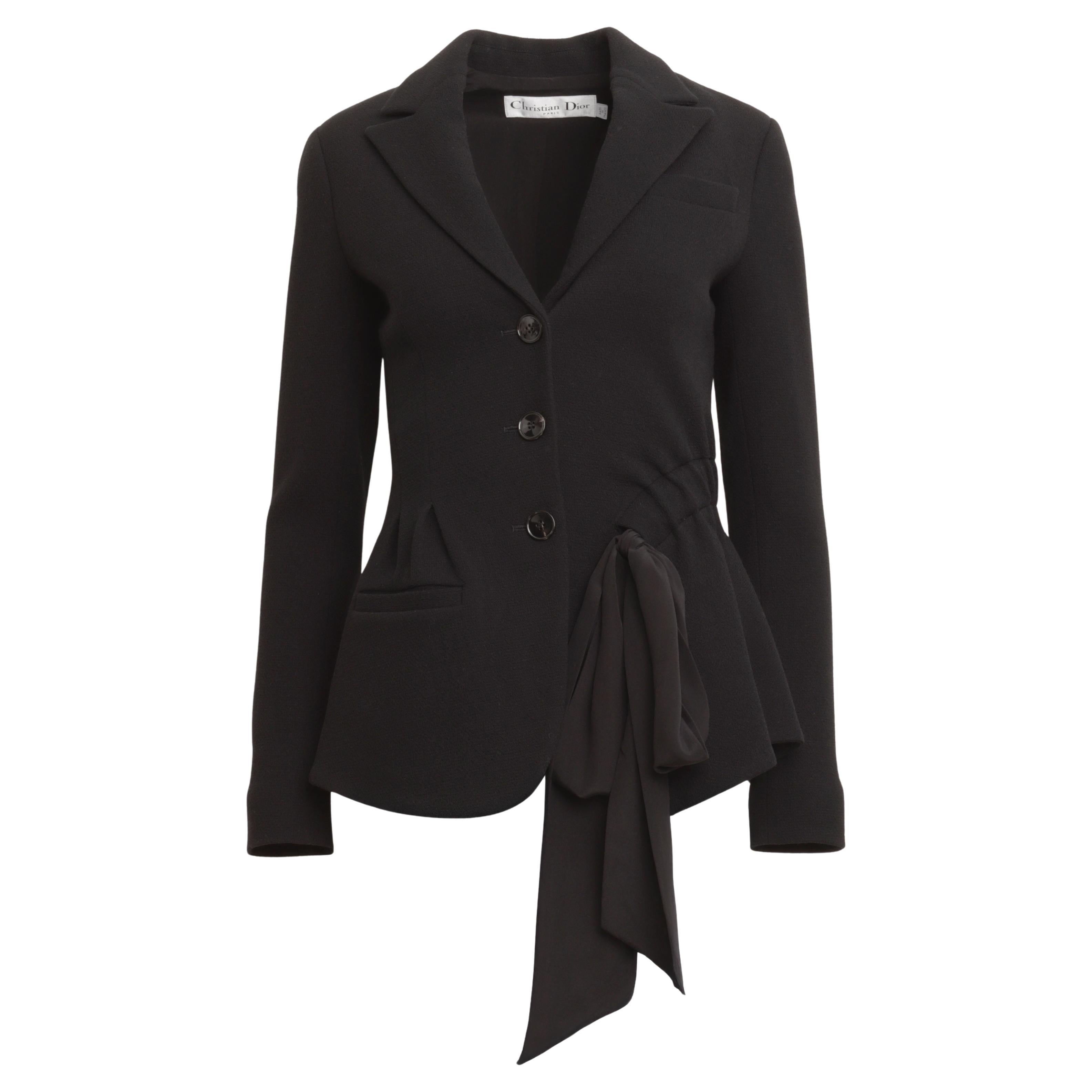 Christian Dior Bar Jacket in Black Wool with Gathered detail and Silk Bow