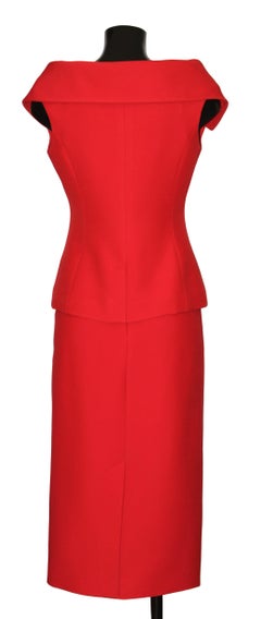 Christian Dior Red Off-the-Shoulder Bar Jacket and Midi Skirt