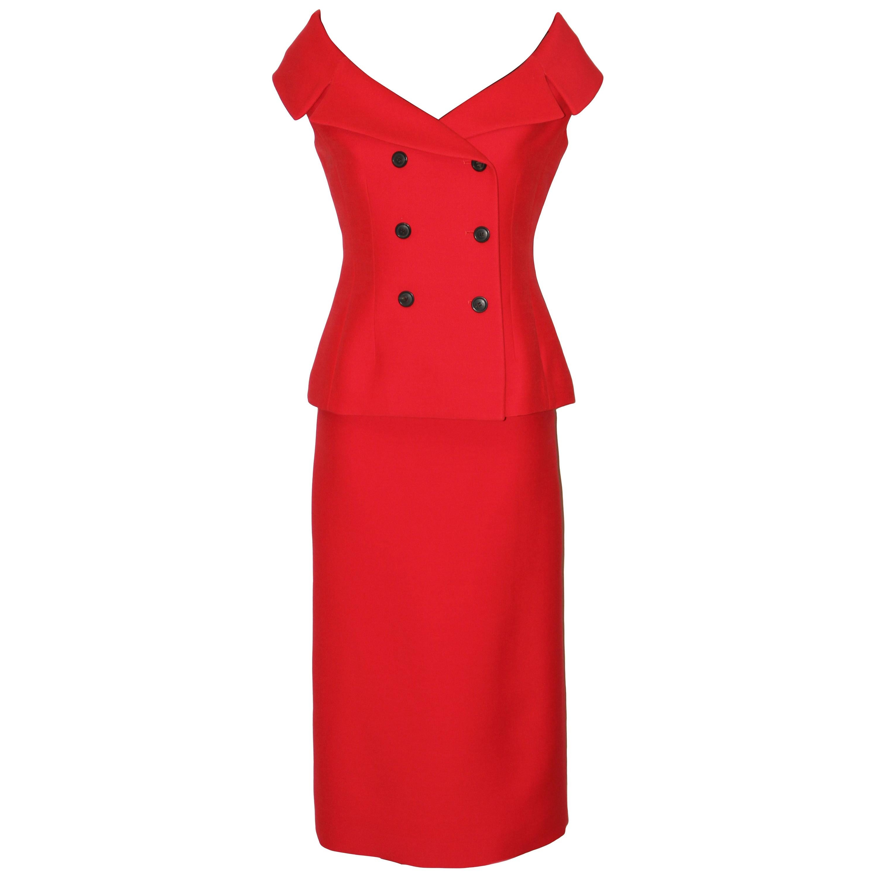 Christian Dior Red Off-the-Shoulder Bar Jacket and Midi Skirt