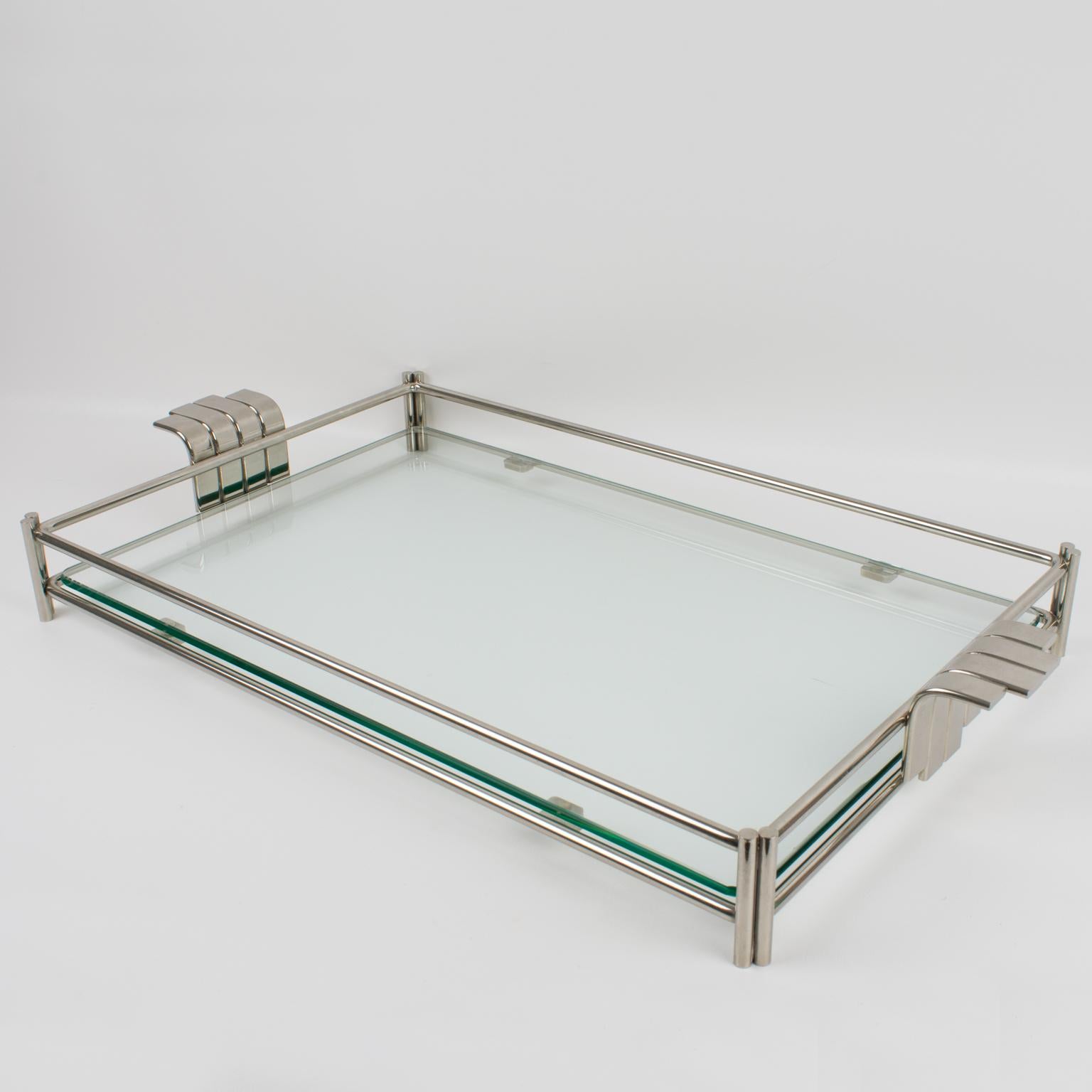 Modern Christian Dior Barware Silver Plate and Glass Tray For Sale