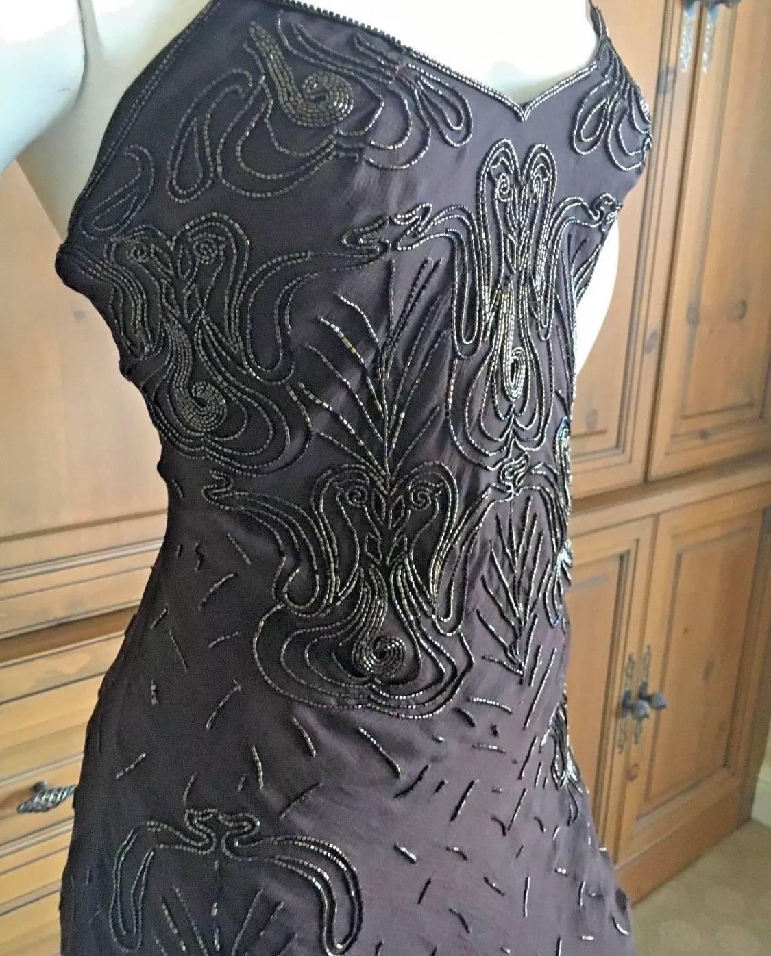Christian Dior vintage brown silk chiffon cocktail dress by Galliano.
Silk buttons on the side, with beautiful beadwork in copper color beads.

Please use zoom feature to see, it is hard to photograph, but so pretty.
 Size 38 
Bust 36