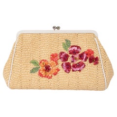 CHRISTIAN DIOR beige 2005 FLORAL RAFFIA FRAME Clutch Bag