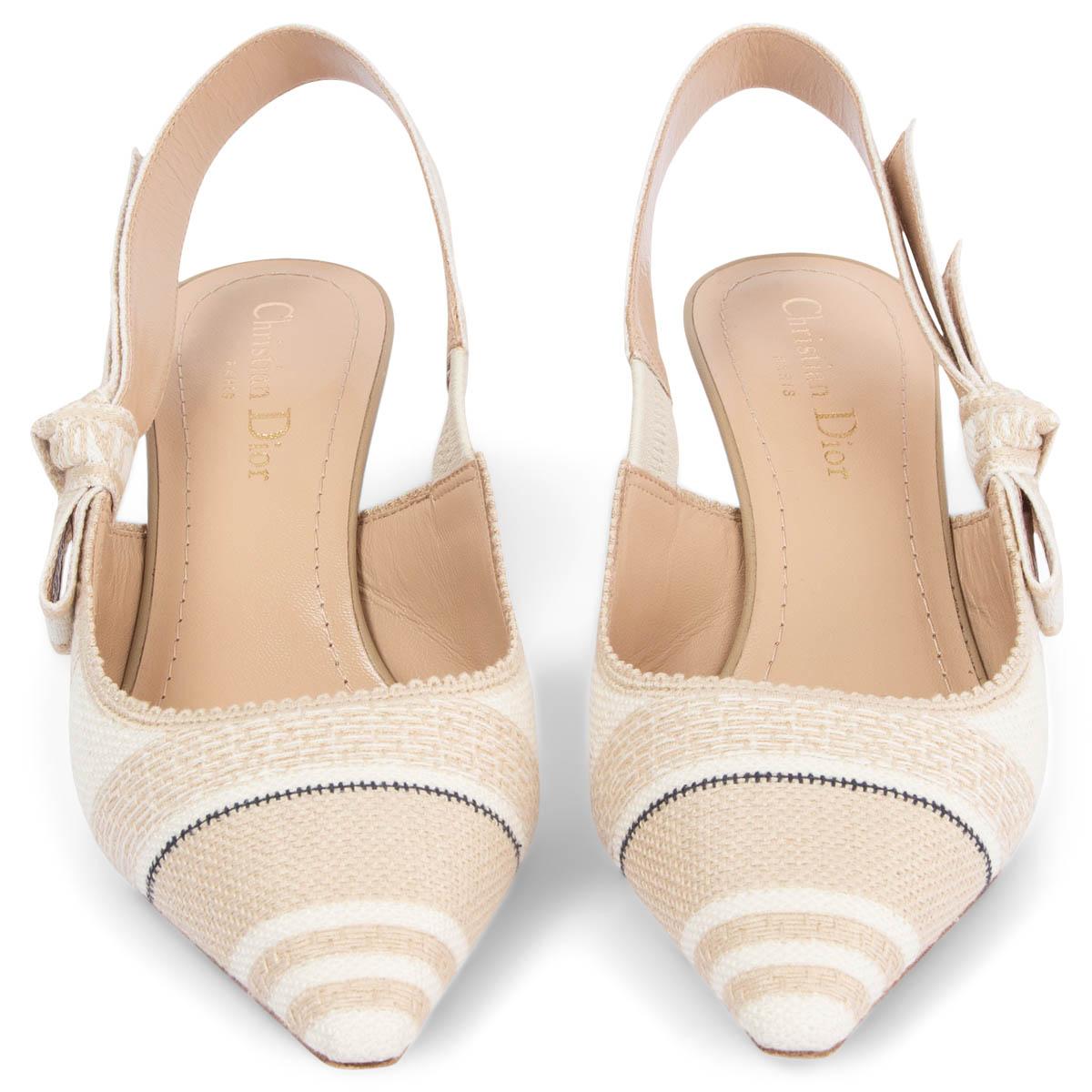 100% authentic Christian Dior 2020 J'Adior striped and embroidered slingback's in light beige and off-white cotton and linen canvas. Featuring cotton logo ribbon sling, beige leather heel and nude leather lining. Have been worn and are in excellent