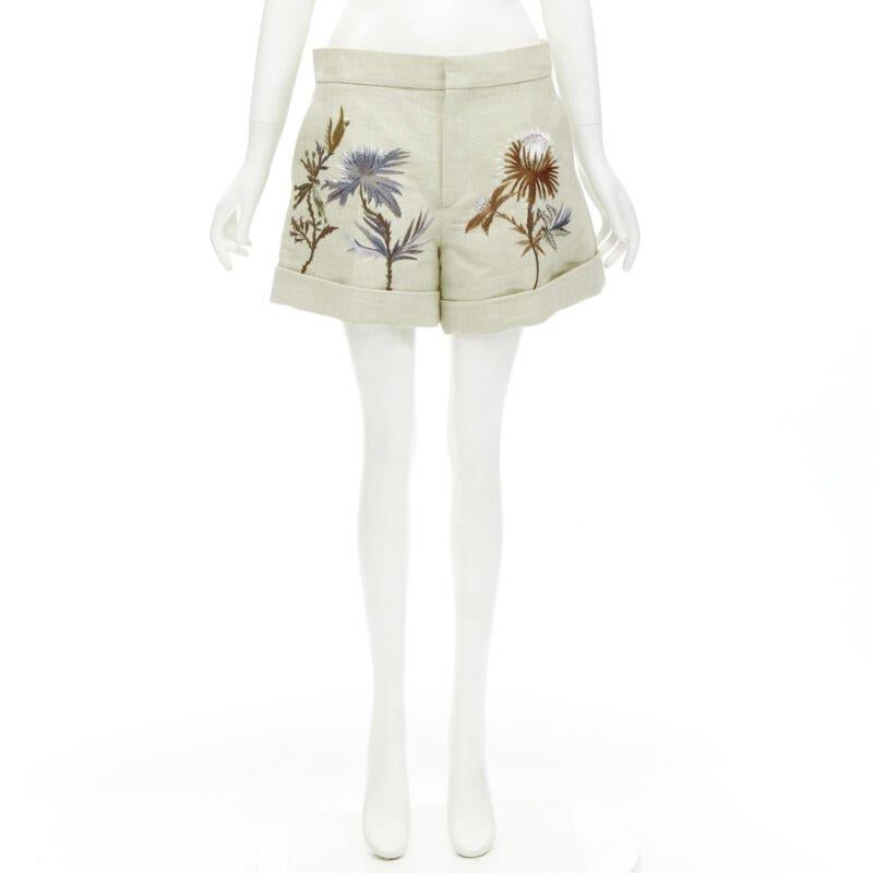CHRISTIAN DIOR beige cotton linen Dandelion floral embroidery cuffed shorts FR38 For Sale 5