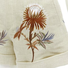 CHRISTIAN DIOR beige cotton linen Dandelion floral embroidery cuffed shorts FR38