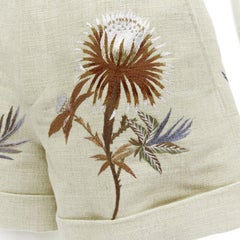 CHRISTIAN DIOR beige cotton linen Dandelion floral embroidery cuffed shorts FR38