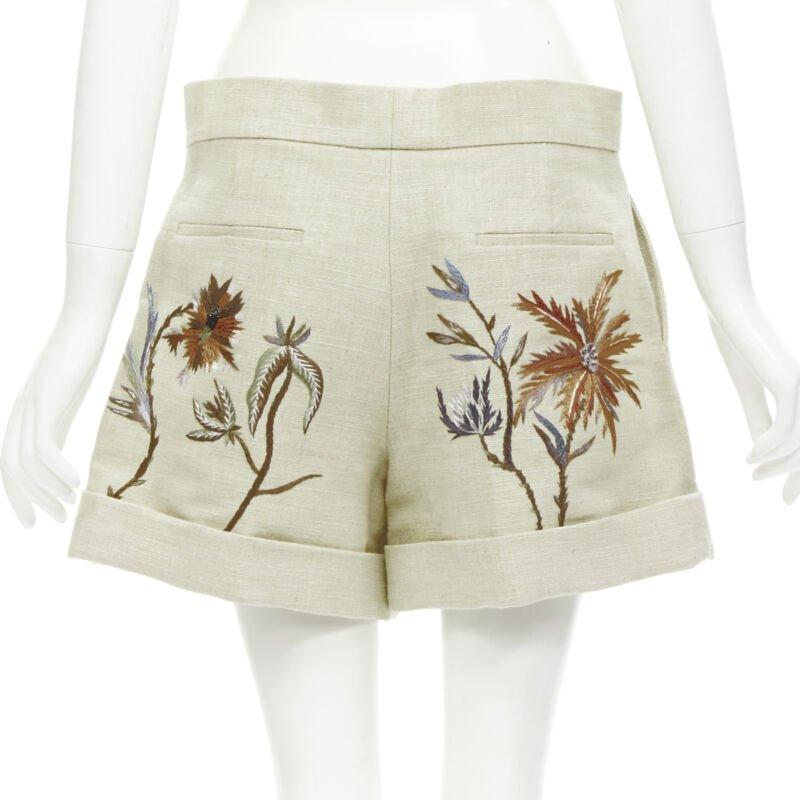 Women's CHRISTIAN DIOR beige cotton linen Dandelion floral embroidery cuffed shorts FR38 For Sale