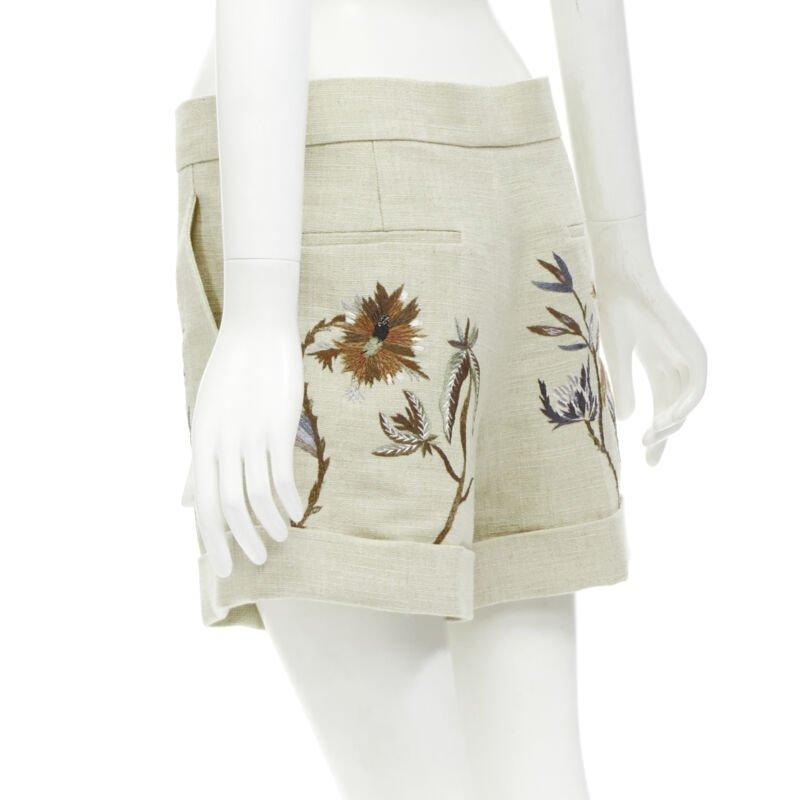 CHRISTIAN DIOR beige cotton linen Dandelion floral embroidery cuffed shorts FR38 For Sale 1
