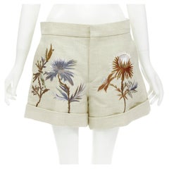 CHRISTIAN DIOR beige cotton linen Dandelion floral embroidery cuffed shorts FR38